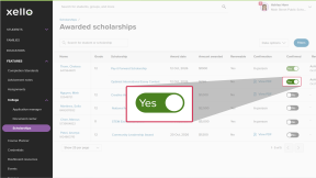 Awarded scholarships page, the cursor is switching the toggle from NO to YES for a student's awarded scholarship.